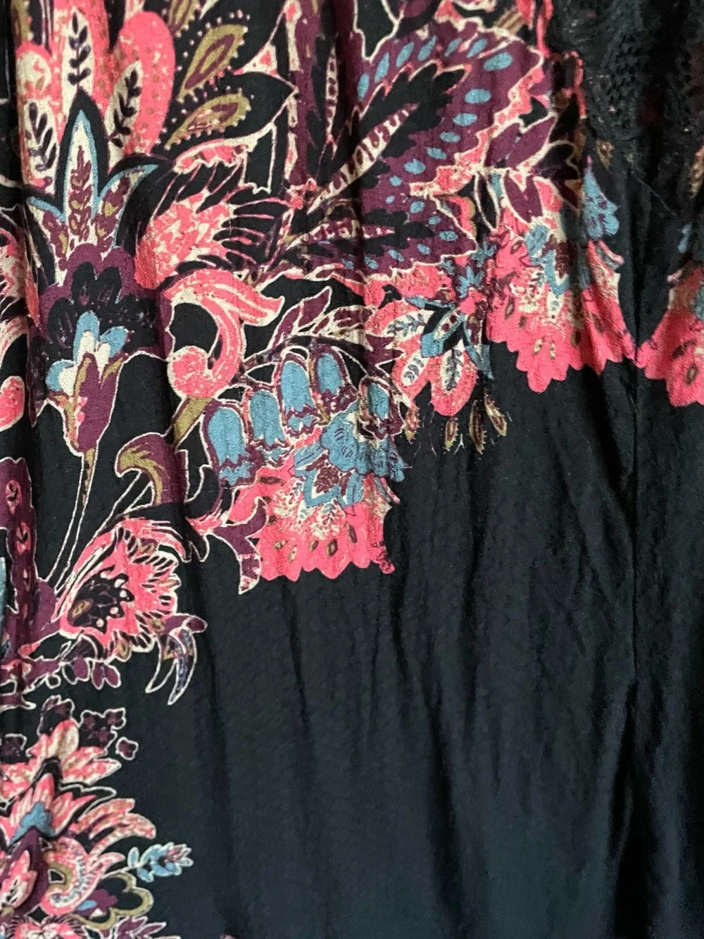 Free People Black Lace-Trim Floral Slip Dress with Pink and Blue Embroidery